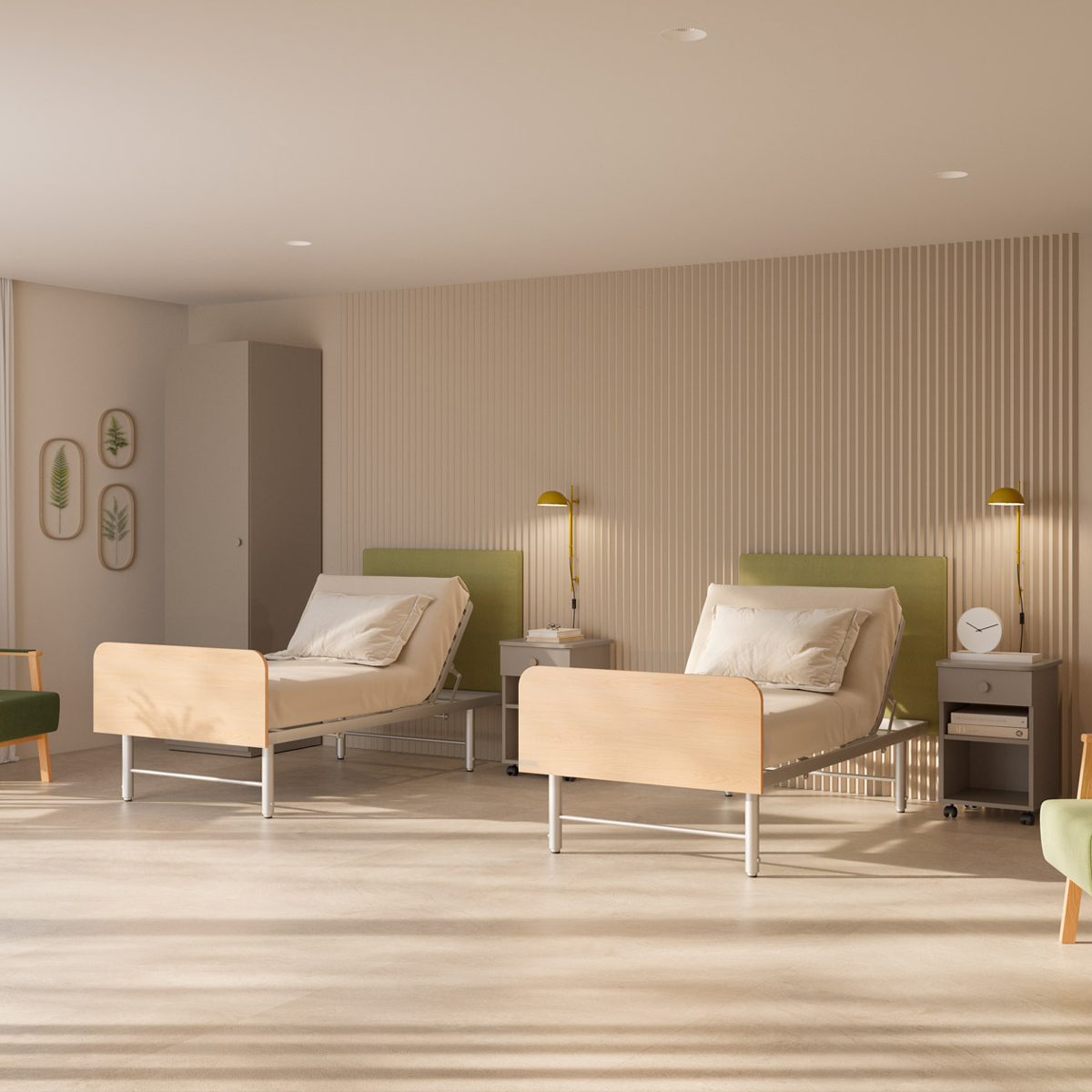 mobiliario para habitaciones de residencia geriatrica Mae con camas articuladas Tecno Clinic